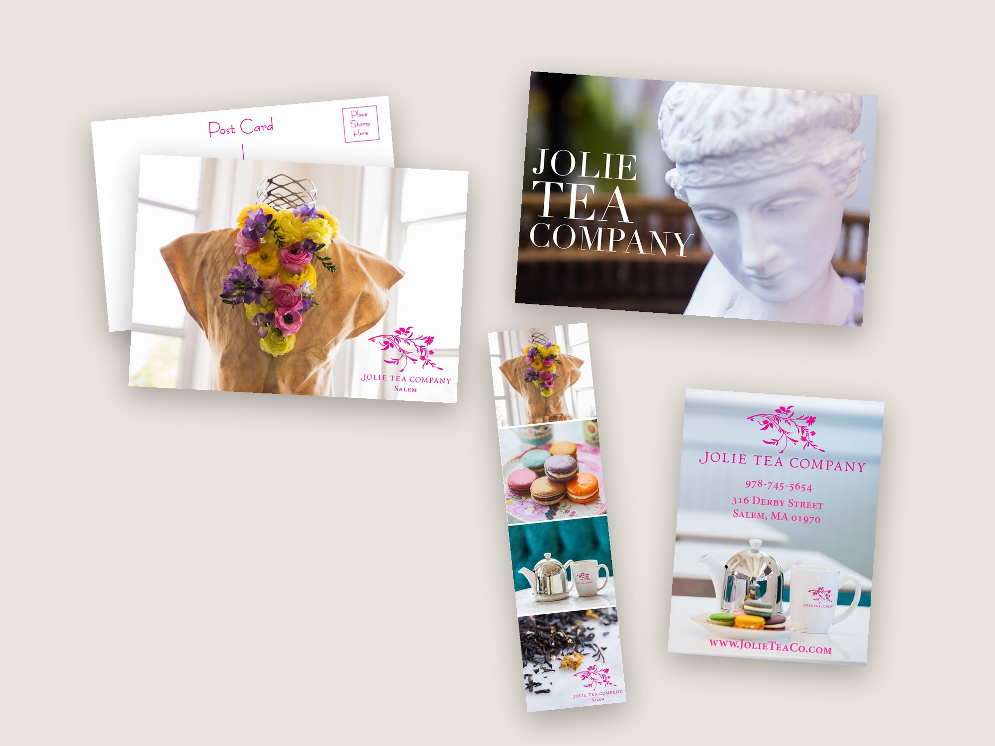 Jolie Tea Company postcard, business card, bookmark, and thank-you card designed by Medley Creative Group