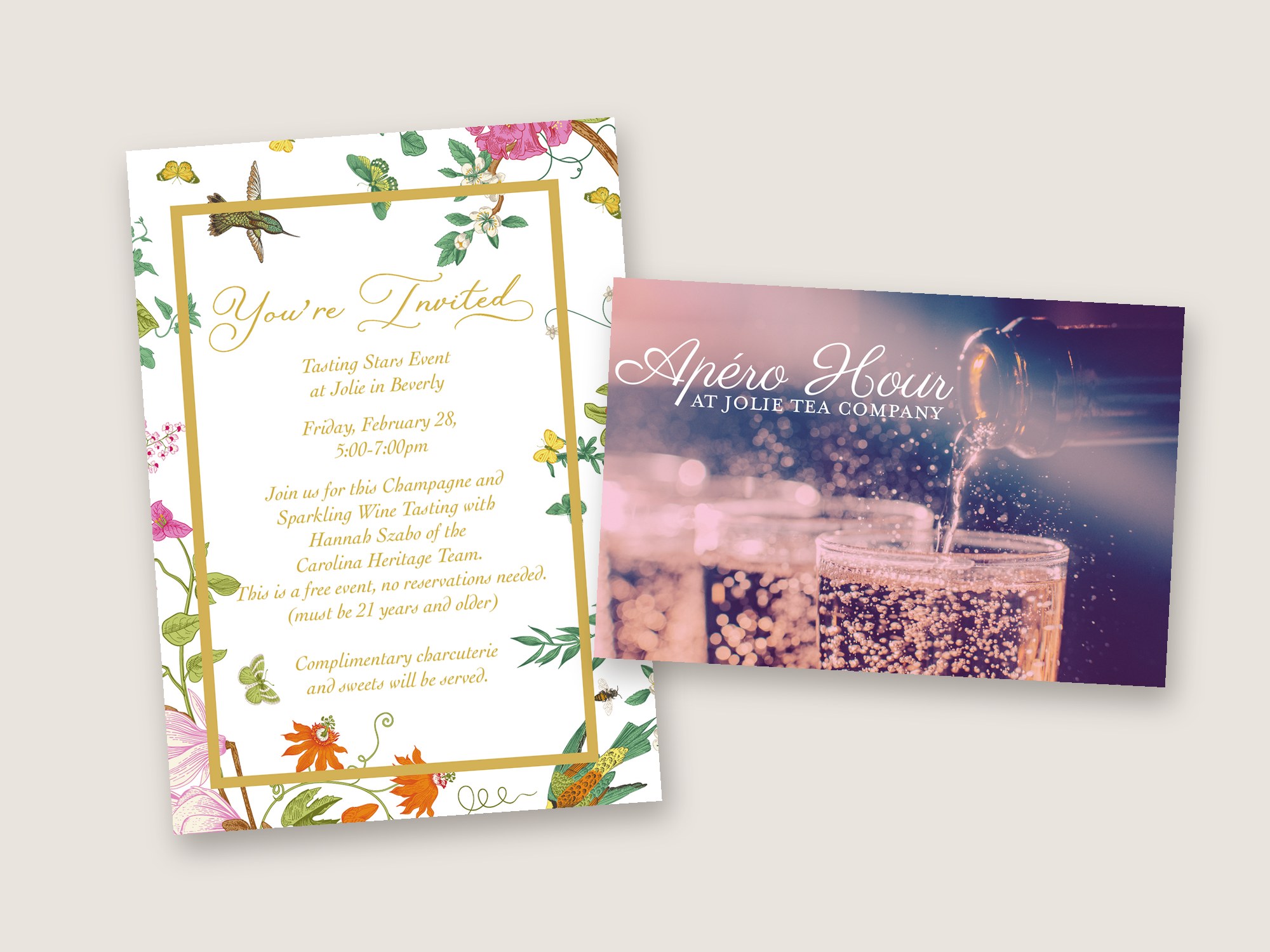 Champagne tasting invitation and Apéro Hour graphic for Jolie Tea Company designed by Medley Creative Group