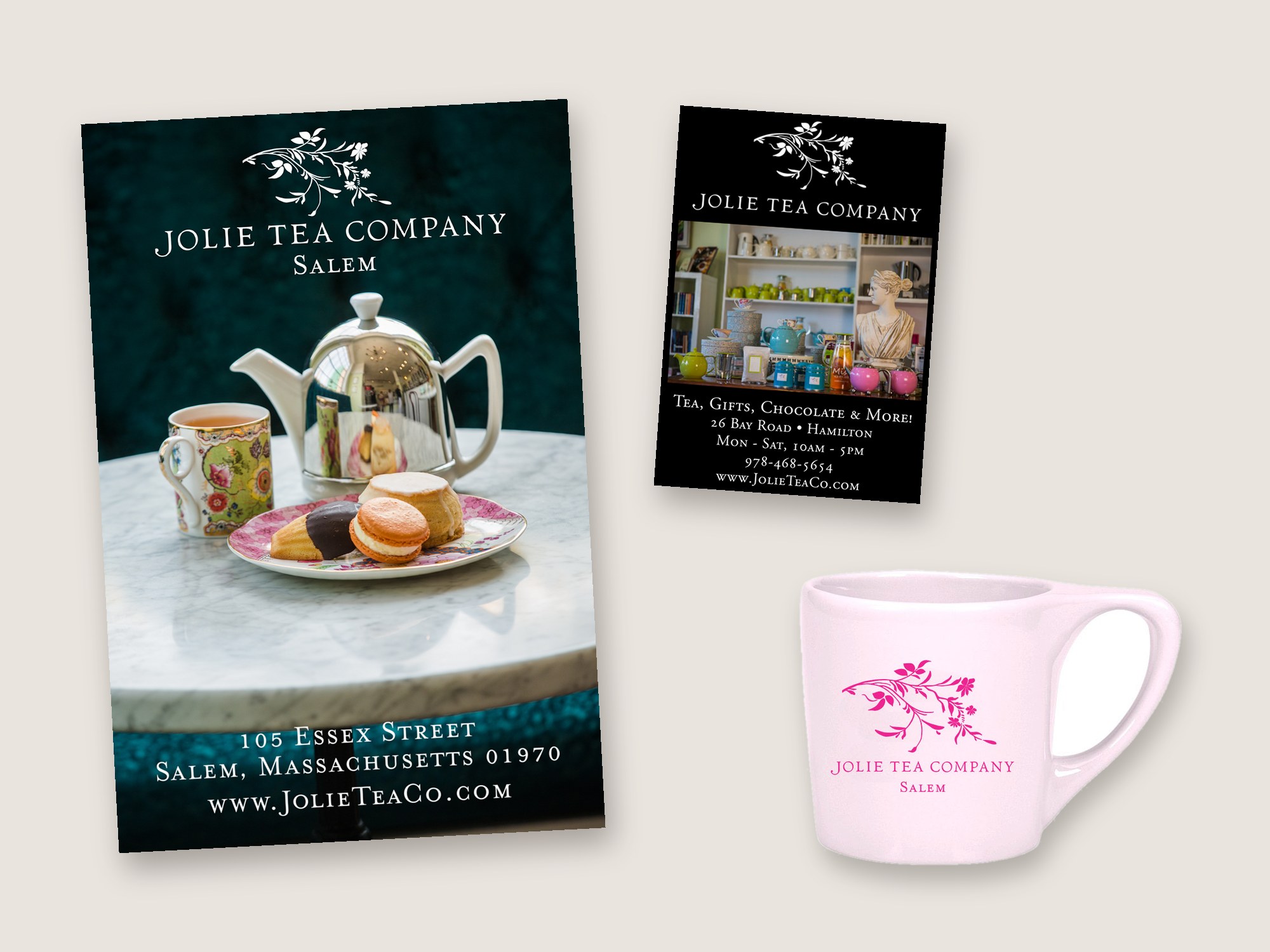 Jolie Tea Company Salem poster, Hamilton print ad and logo mug designed by Medley Creative Group
