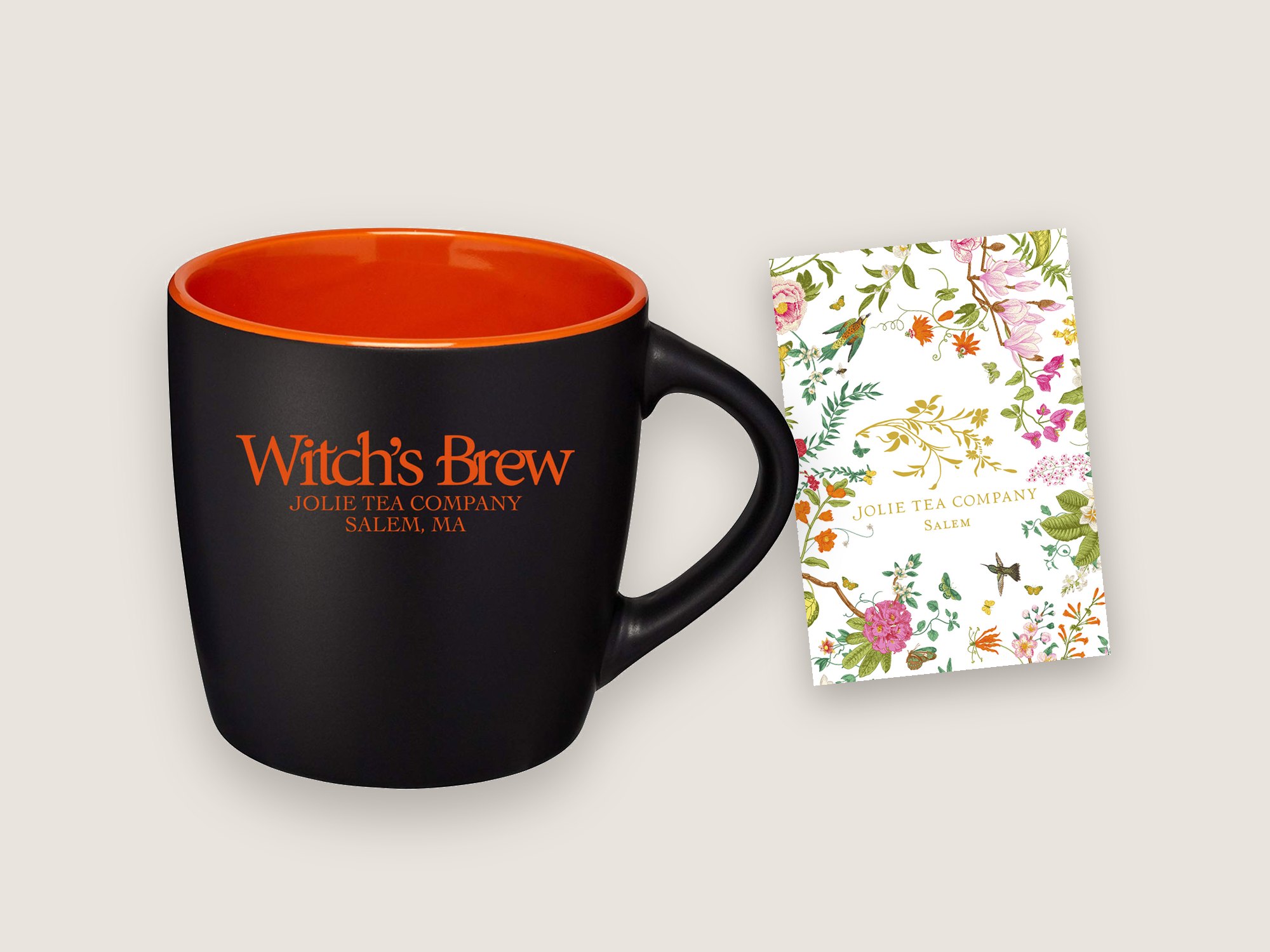 Jolie Tea Company Witch’s Brew mug and floral tea tin label designed by Medley Creative Group