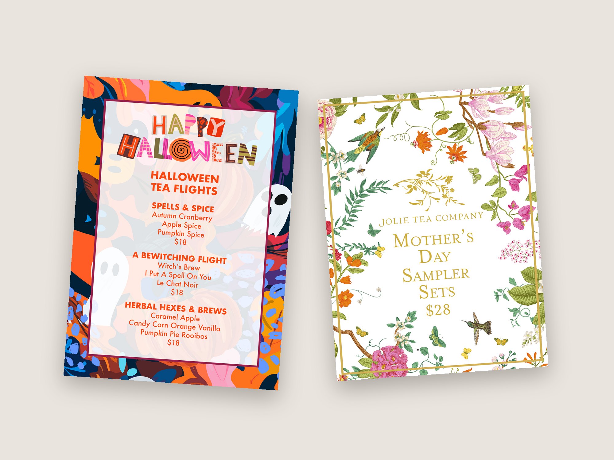 Halloween Tea Flights and Mother’s Day Sampler Sets signs for Jolie Tea Company designed by Medley Creative Group