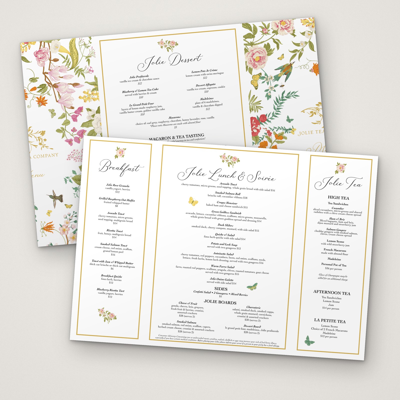 Jolie Tea Company fold menus designed by Medley Creative Group, with botanical cover art and gold-framed panels